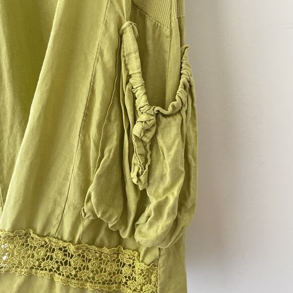 RARE Y2K Fairy Cottagecore Boho Linen Dress Green Beaded Crochet Italy M - Picture 7 of 11